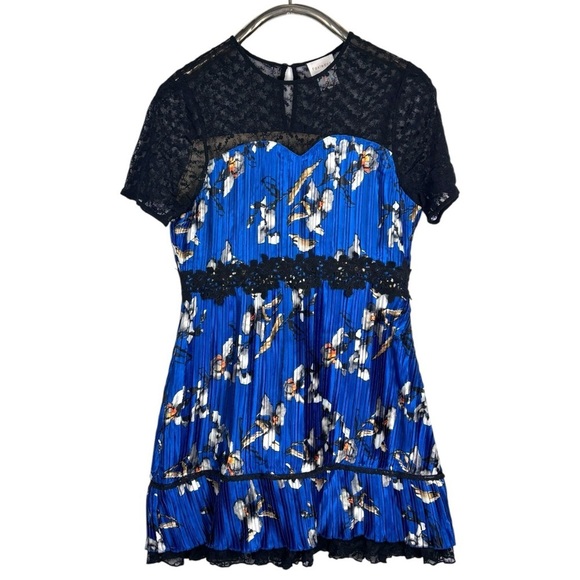 FOXIE DOX CARMELLA BLUE FLORAL PLEATED LACE MINI DRESS - Picture 3 of 14